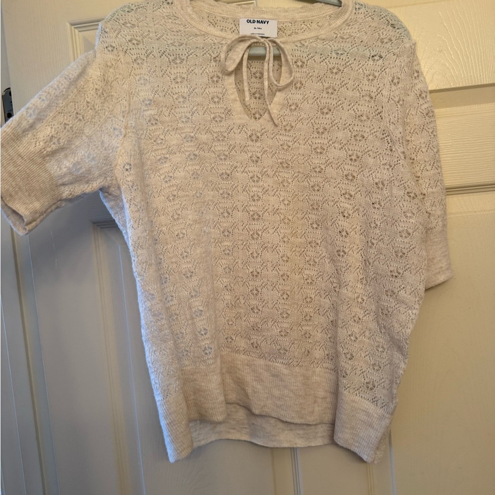Old Navy Cream Lace-Knit Tie-Neck Pullover